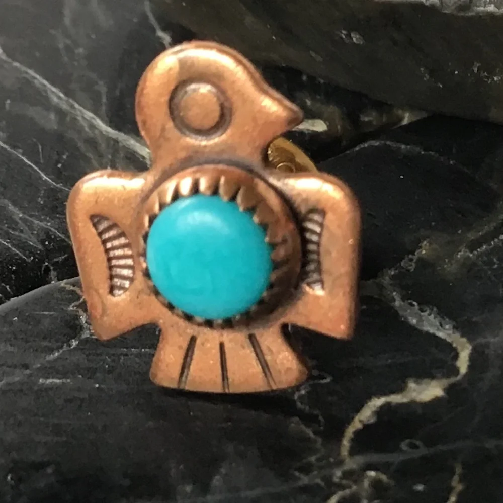 Vintage Copper Turquoise Earrings Thunderbird Southwest Style Pierced - Picture 4 of 12